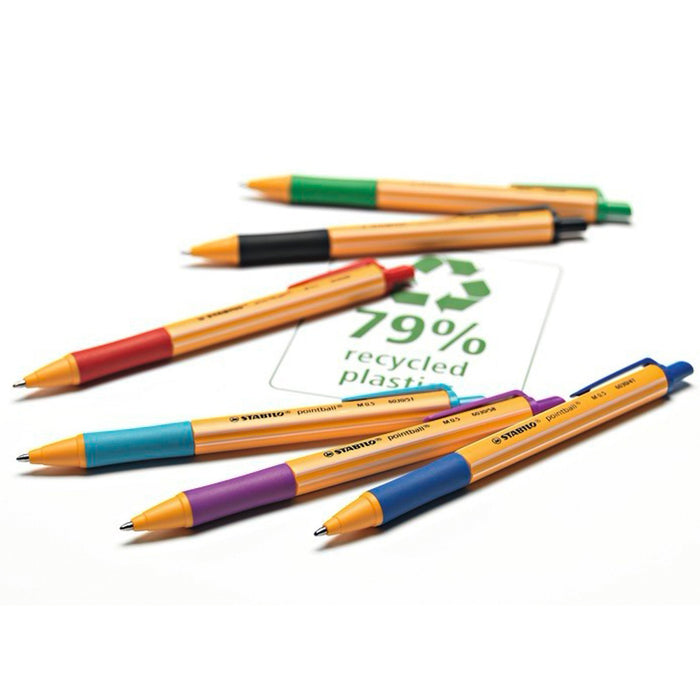 Penna a Sfera Ecosostenibile - STABILO pointball - 79% Plastica Riciclata - Pack da 3 - Nero/Blu/Rosso - B-Better Shop