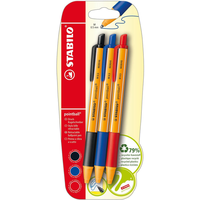 Penna a Sfera Ecosostenibile - STABILO pointball - 79% Plastica Riciclata - Pack da 3 - Nero/Blu/Rosso - B-Better Shop