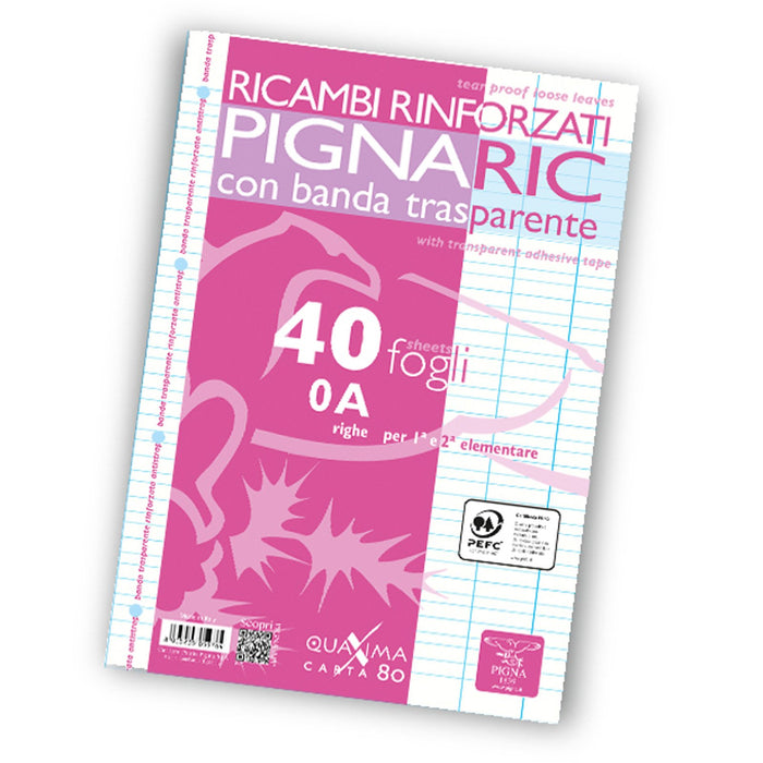 Pignaric - Ricambio con Banda Rinforzata - Formato A4 - Rigatura 0A - Righe con Margine - 1° e 2° elementare - Pacco da 40 fogli - B-Better Shop