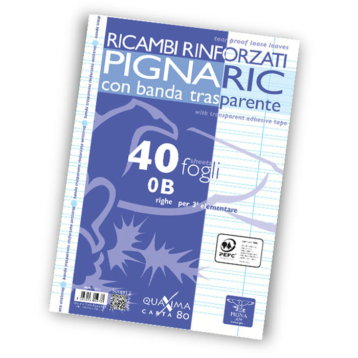 Pignaric - Ricambio con Banda Rinforzata - Formato A4 - Rigatura 0B - Righe con Margine - 3° elementare - Pacco da 40 fogli - B-Better Shop