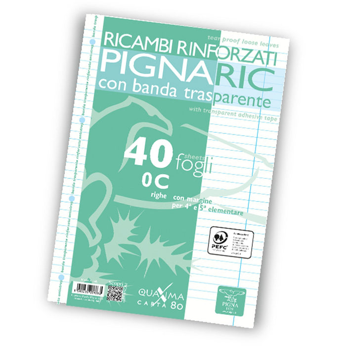 Pignaric - Ricambio con Banda Rinforzata - Formato A4 - Rigatura 0C - Righe con Margine - 4° e 5° elementare - Pacco da 40 fogli - B-Better Shop