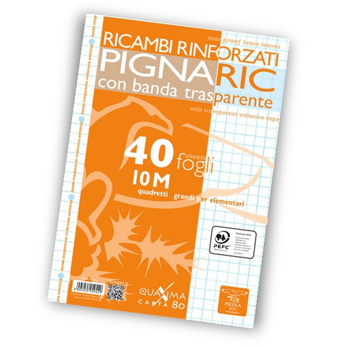 Pignaric - Ricambio con Banda Rinforzata - Formato A4 - Rigatura 10 - Quadretti 10 millimetri - 1° elementare - Pacco da 40 fogli - B-Better Shop