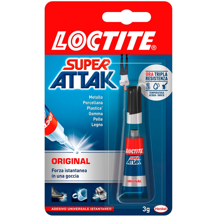 Loctite Super Attak Original - Colla liquida trasparente con tripla resistenza e istantanea - colla resistente per gomma, metallo, ceramica, legno, cuoio, pelle - 1x3g - B-Better Shop